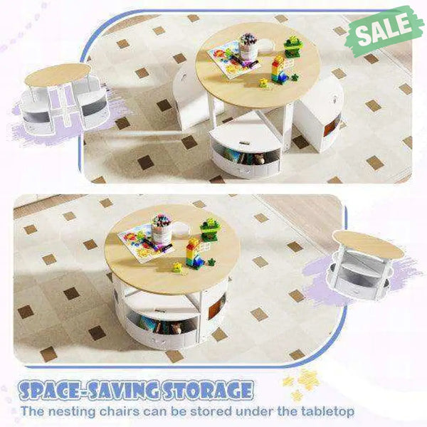 5 Piece Toddler Round Nesting Table with 4 Storage Stools for Activity-Grey Gray Kids Table & Chair Sets