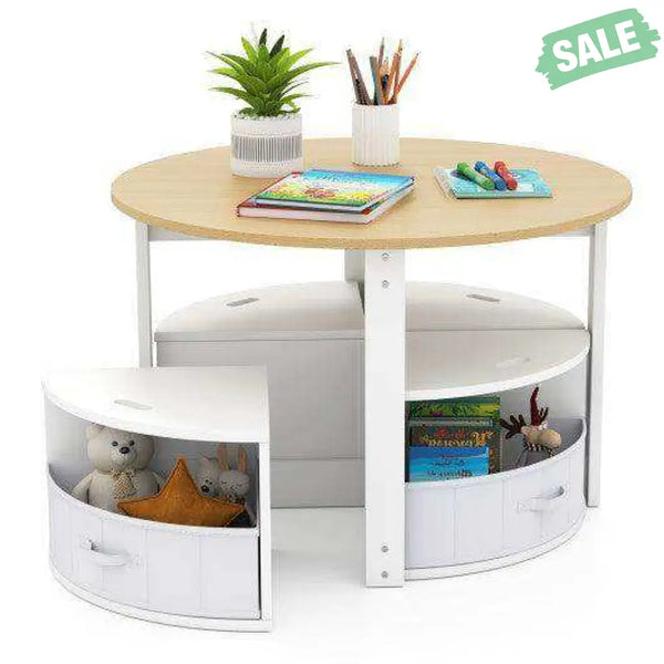 5 Piece Toddler Round Nesting Table with 4 Storage Stools for Activity-Grey Gray Kids Table & Chair Sets