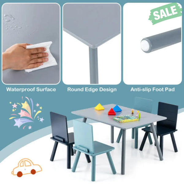 5 Pieces Kids Wooden Activity Play Furniture Set with Building Blocks-Blue Kids Table & Chair Sets