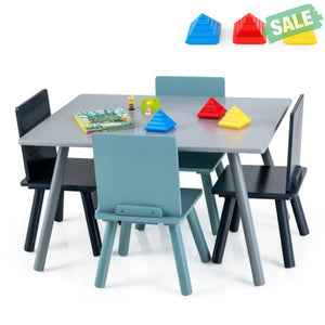 5 Pieces Kids Wooden Activity Play Furniture Set with Building Blocks-Blue Kids Table & Chair Sets