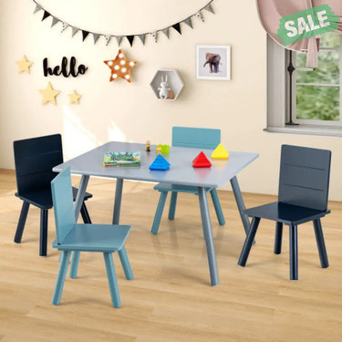 5 Pieces Kids Wooden Activity Play Furniture Set with Building Blocks-Blue Kids Table & Chair Sets