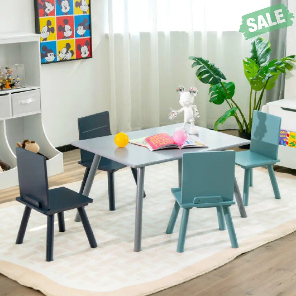 5 Pieces Kids Wooden Activity Play Furniture Set with Building Blocks-Blue Kids Table & Chair Sets