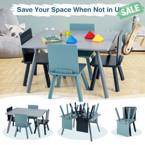 5 Pieces Kids Wooden Activity Play Furniture Set with Building Blocks-Blue Kids Table & Chair Sets