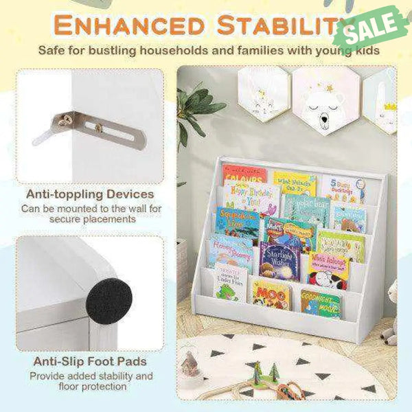 5-Tier Kids Bookshelf with Deep Compartments and Stable Baby Book Case-White