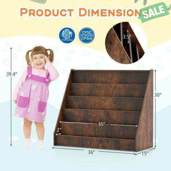 5-Tier Kids Bookshelf with Deep Compartments and Stable Baby Book Case-Rustic Brown Rustic Brown Kids Storage