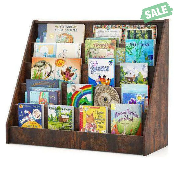 5-Tier Kids Bookshelf with Deep Compartments and Stable Baby Book Case-Rustic Brown Rustic Brown Kids Storage