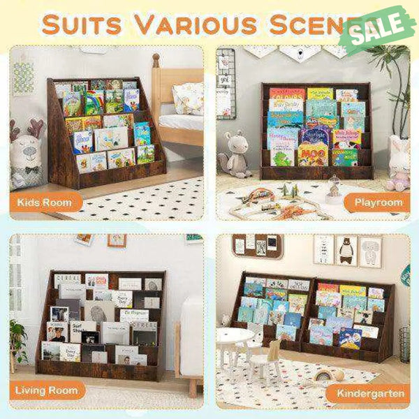 5-Tier Kids Bookshelf with Deep Compartments and Stable Baby Book Case-Rustic Brown Rustic Brown Kids Storage