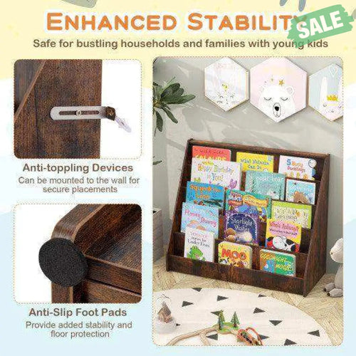 5-Tier Kids Bookshelf with Deep Compartments and Stable Baby Book Case-Rustic Brown Rustic Brown Kids Storage