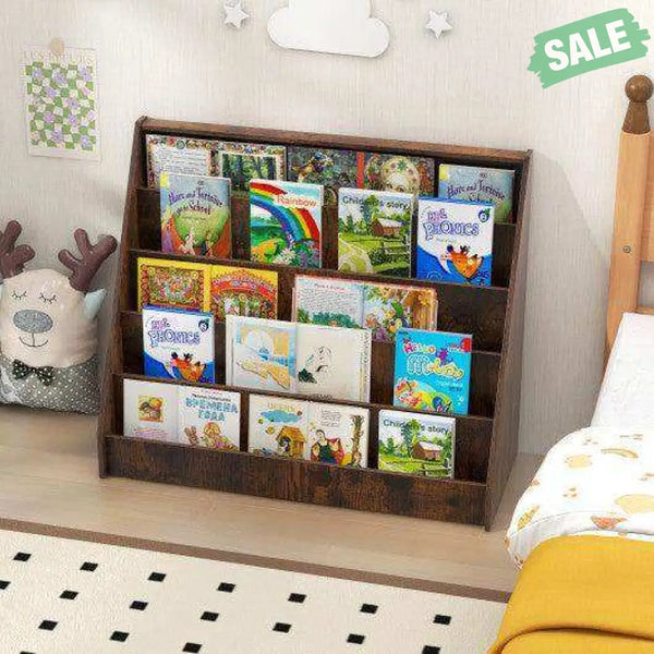 5-Tier Kids Bookshelf with Deep Compartments and Stable Baby Book Case-Rustic Brown Rustic Brown Kids Storage