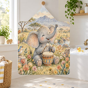 Elephant Drum kids hooded bath towel hanging in a kids bathroom