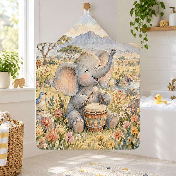 Elephant Drum kids hooded bath towel hanging in a kids bathroom