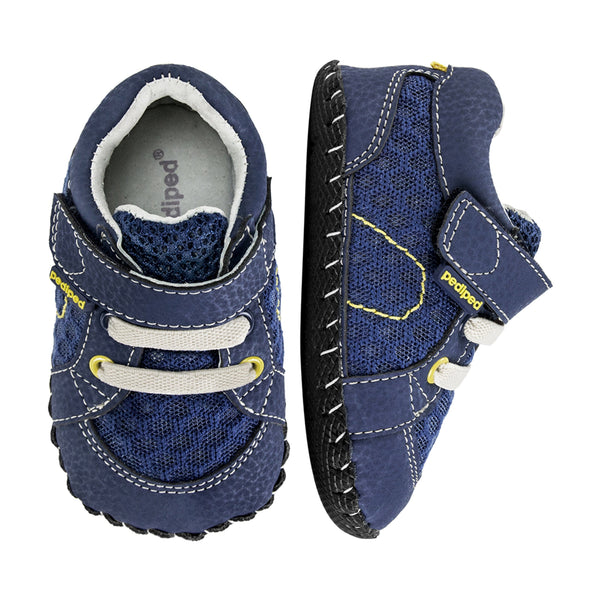 Dani Originals® blue and lime sneakers for babies, angle 3 view showcasing stylish design and comfort.