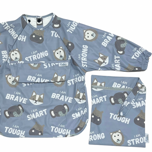 Grayson Long Sleeve Bib featuring Affirmation Animals design, perfect for keeping babies clean during mealtime.