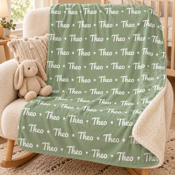 Name Pattern sherpa baby blanket, personalized, styled photo 1