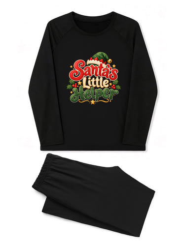 Santa's Little Helper Kids Christmas Outfit, Black Long Sleeve Top and Pants Lounge Set for Boys and Girls