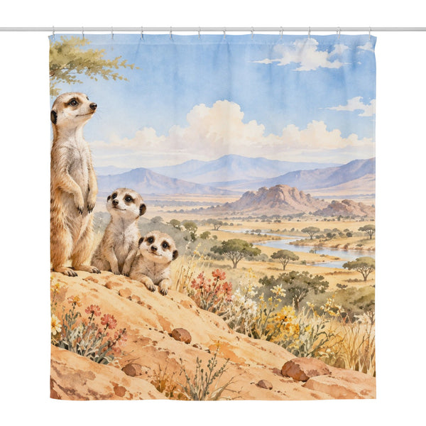 Meerkat Family Safari shower curtain, full front view of the 71 x 74 in fabric curtain