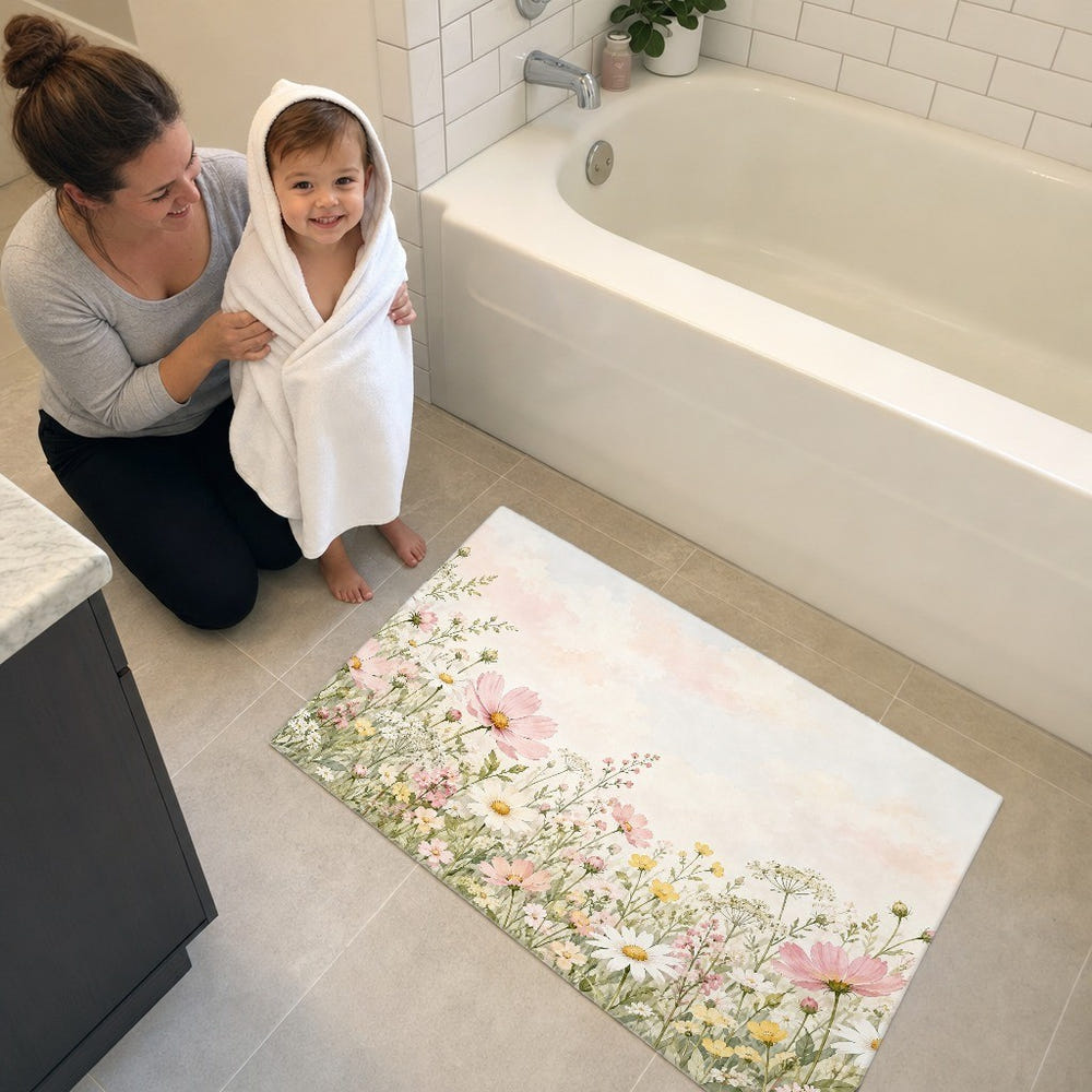 Cosmos and Daisy Meadow kids bath mat, full view of the printed design