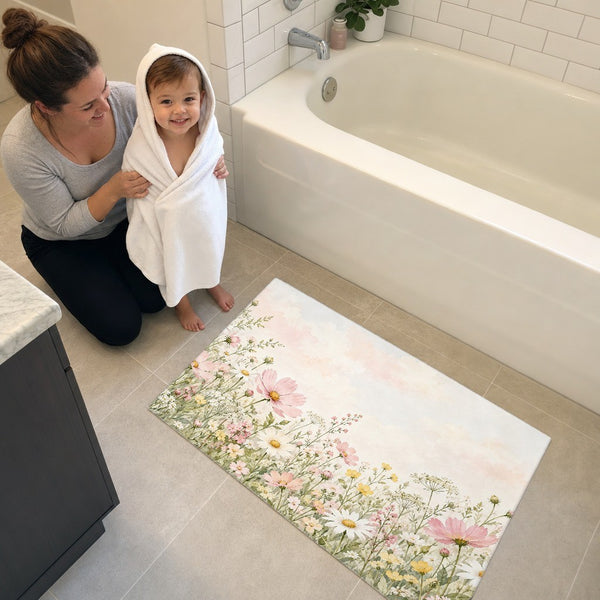 Toddler in a hooded towel stepping onto the Cosmos and Daisy Meadow bath mat