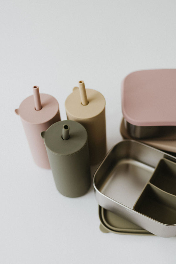 Stainless steel and silicone bento box for babies, perfect for food storage and on-the-go meals. Angle 3 view.