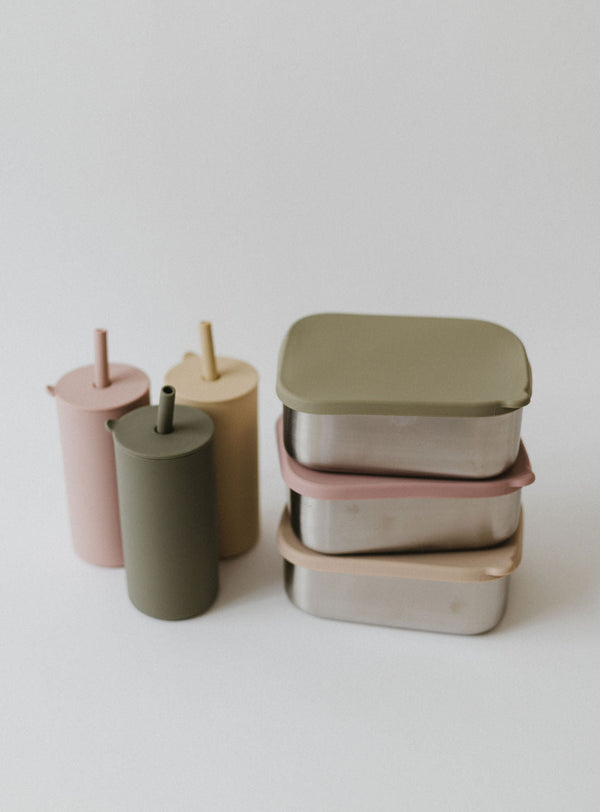 Stainless steel and silicone bento box for babies, perfect for food storage and on-the-go meals. Angle 10 view.
