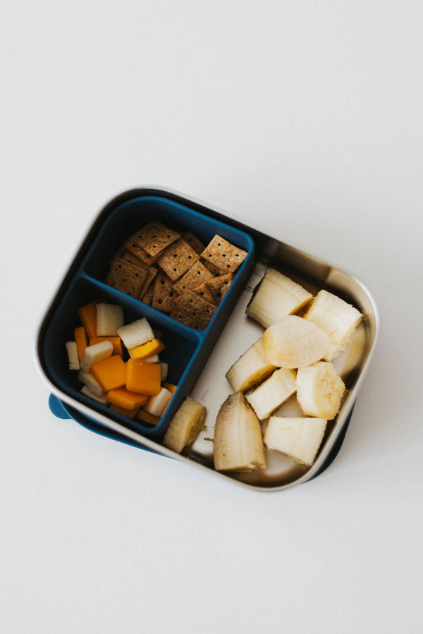 Stainless steel and silicone bento box for babies, perfect for food storage and on-the-go meals.