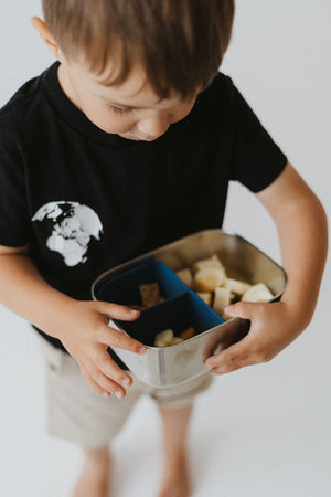 Stainless steel and silicone bento box for babies, perfect for food storage and on-the-go meals. Angle 9 view.