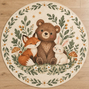 Top view of a cream circular rug with woodland animals and a sage botanical border