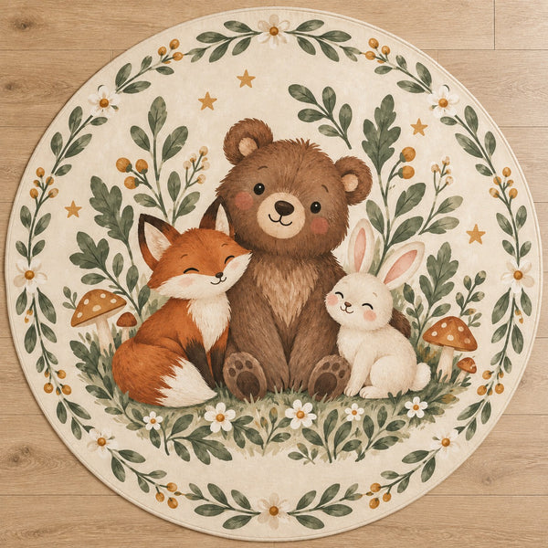 Top view of a cream circular rug with woodland animals and a sage botanical border