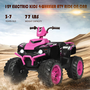 12V Kids Ride-On ATV with LED lights, treaded tires, and fun design for outdoor adventures.