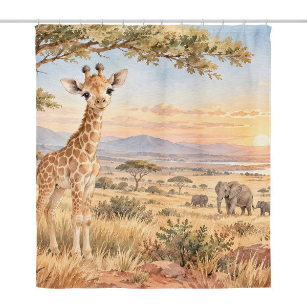 Baby Giraffe Safari shower curtain, full front view of the 71 x 74 in fabric curtain