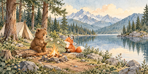 Watercolor Bear and Fox Campfire Camping Wall Mural, image 3