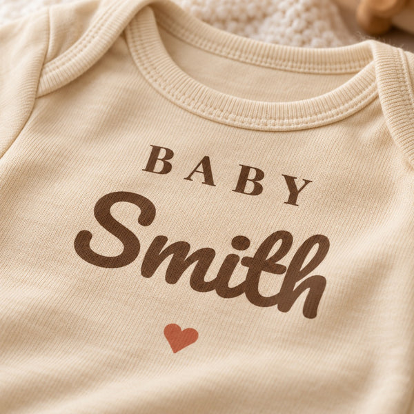 Close-up of the Baby Surname baby bodysuit print
