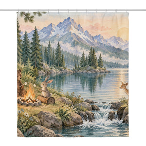 Woodland Adventure Camping shower curtain, full front view of the 71 x 74 in fabric curtain