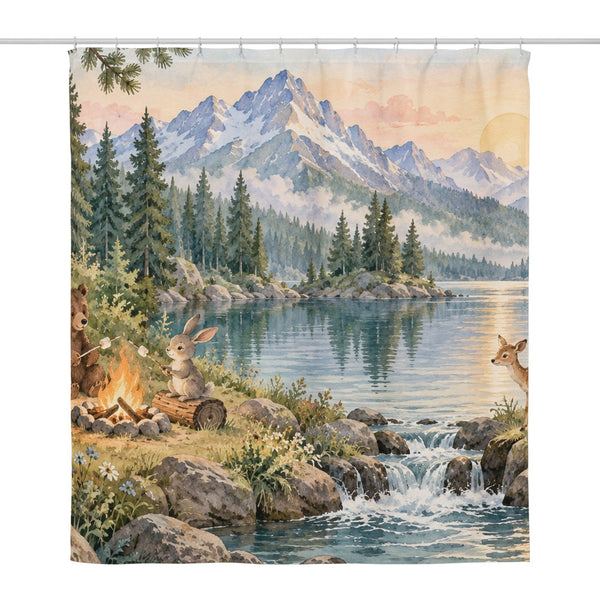 Woodland Adventure Camping shower curtain, full front view of the 71 x 74 in fabric curtain