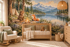 Watercolor Bear and Fox Campfire Camping Wall Mural, image 1