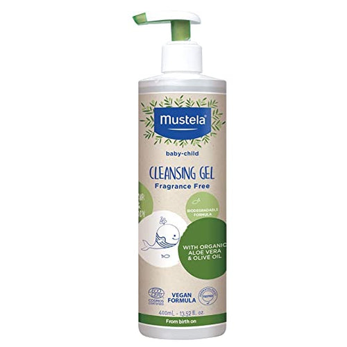 Mustela Fragrance-Free Cleansing Gel for babies, 13.52 Fl Oz, gentle hair and body wash, angle view.