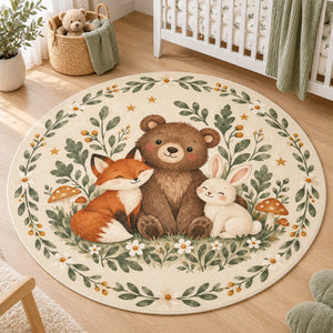 Round woodland nursery rug with bear, fox and bunny on a cream background beside a white crib