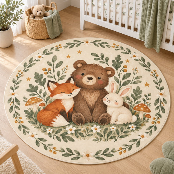 Round woodland nursery rug with bear, fox and bunny on a cream background beside a white crib