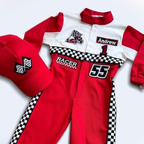 Handmade Race Car Driver Costume for Toddlers, Long Sleeve Racer Suit with Name and Number