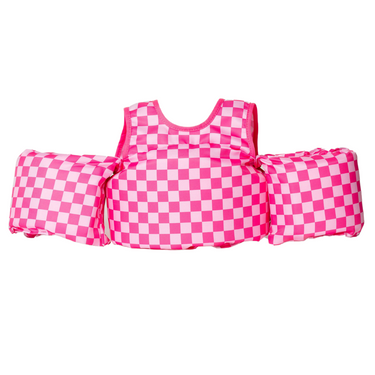 Pink checkered kids float for safe and fun water play in pools or at the beach. Perfect for toddlers and young children.