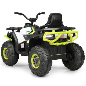 12V kids electric ATV quad with MP3 and LED lights, angled view showcasing vibrant design and features.