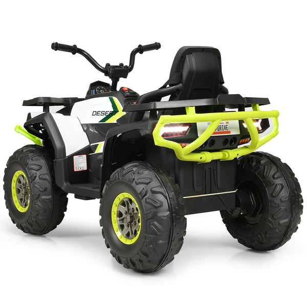 12V kids electric ATV quad with MP3 and LED lights, angled view showcasing vibrant design and features.