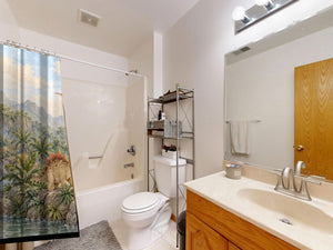Tropical Dinosaur Garden shower curtain on a tub shower combo in an American family bathroom