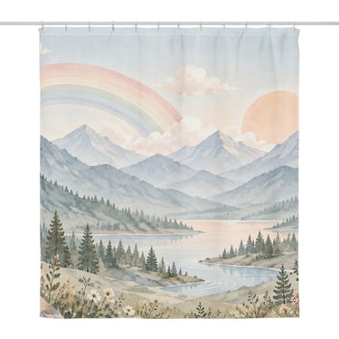 Alpine Lake Rainbow shower curtain, full front view of the 71 x 74 in fabric curtain
