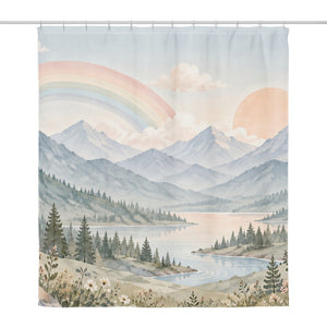 Alpine Lake Rainbow shower curtain, full front view of the 71 x 74 in fabric curtain