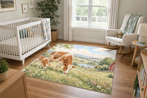 Cow and Calf Farm area rug in a calm nursery with a white crib