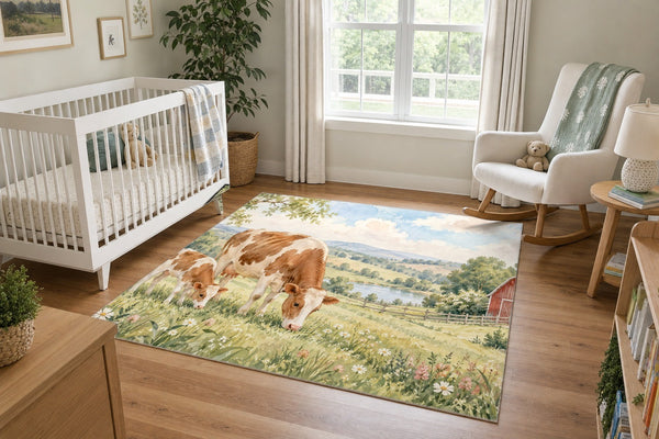 Cow and Calf Farm area rug in a calm nursery with a white crib