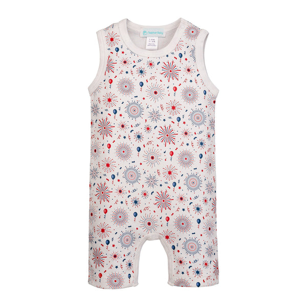 Baby tank romper in Fireworks design, perfect for summer playtime and comfort.