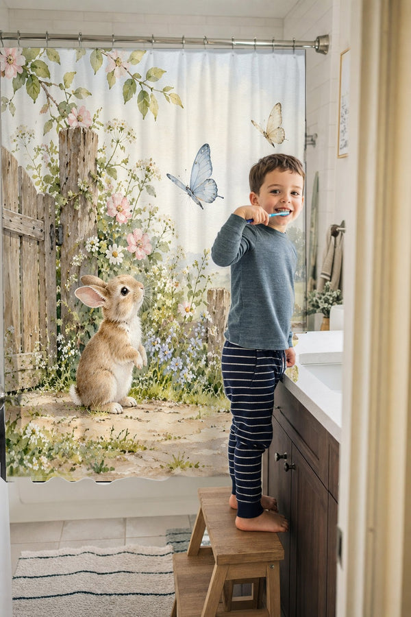 Child brushing teeth in a family bathroom with the Butterfly Gate Bunny shower curtain