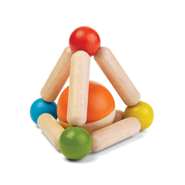 Colorful triangle clutching toy for babies, promoting sensory play and motor skills development. Angle 6 view.